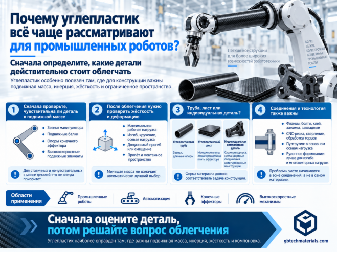 Почему углепластик всё чаще рассматривают для промышленных роботов? Сначала определите, какие детали действительно стоит облегчать